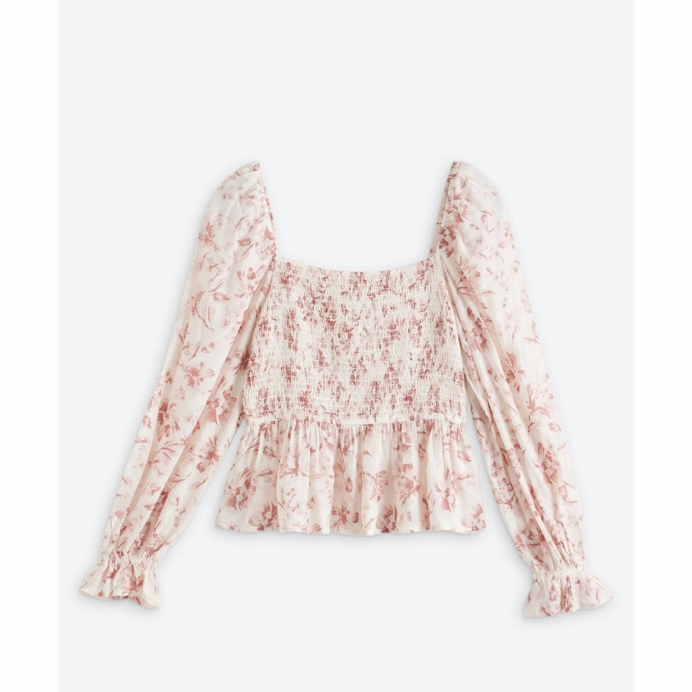 Pink Long Sleeve Smocked Peplum Blouse